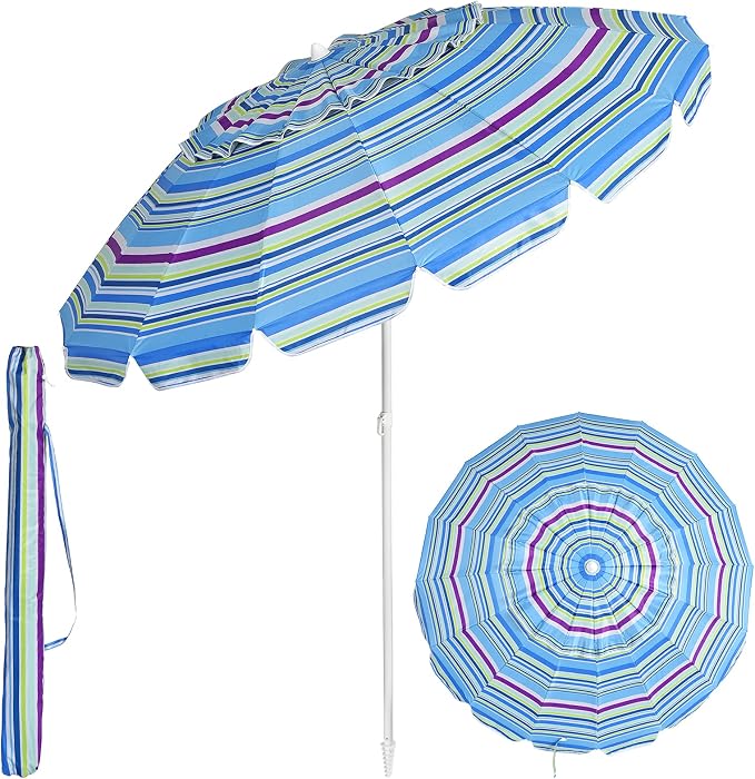 Tangkula 8FT Beach Umbrella, Portable Outdoor Sunshade Beach Umbrella with Sand Anchor & Tilt Mechanism, 16 Sturdy Fiberglass Ribs, Carrying Bag for Garden, Patio (Blue)