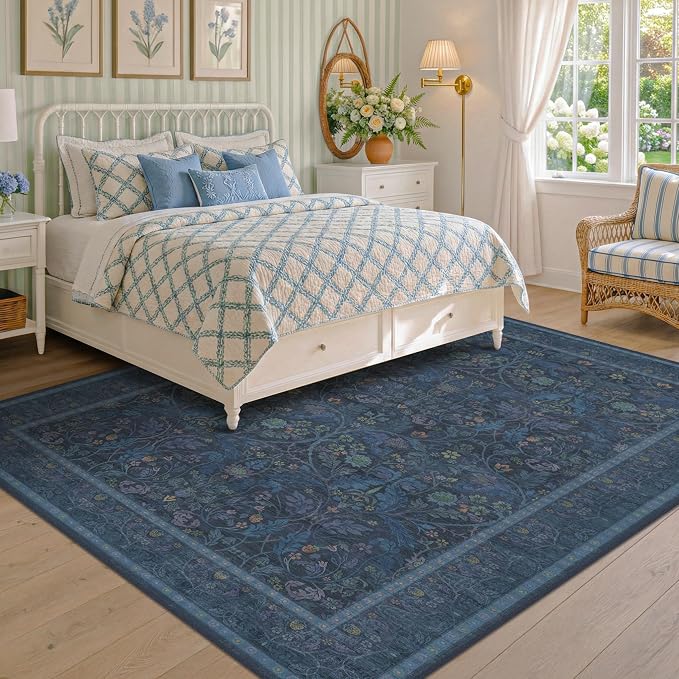 Navy Blue 8x10 Large Rugs for Living Room, Machine Washable Soft Dark Blue Area Rugs for Bedroom, Low Pile Carpet with Vintage & Boho Décor Floral and Botanical Pattern