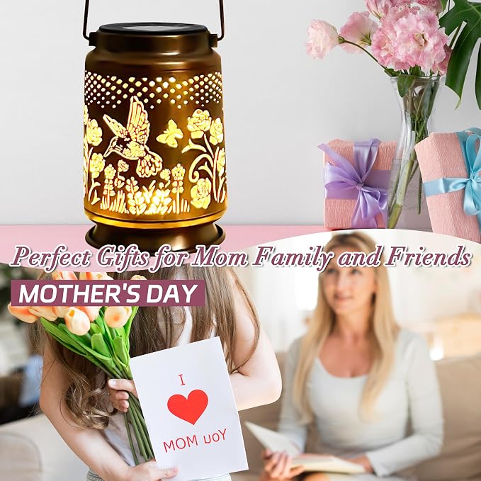 KY&BOSAM Rose Hummingbird Solar Lanterns Outdoor Waterproof Garden Decor | Retro Appearance ,Old Gold Color Metal Hanging Solar Lights Gifts for Women Mom Grandma Outside for Yard,Patio,Backyard,Porch