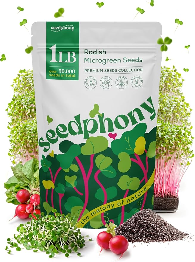 Seedphony Radish Sprouting & Microgreens Seeds - 50,000 Non-GMO Heirloom Seed, 1lb Resealable Bag - High-Germination Radish Seeds for Sprouting in Jars, Soil, Hydroponics & Microgreen Trays