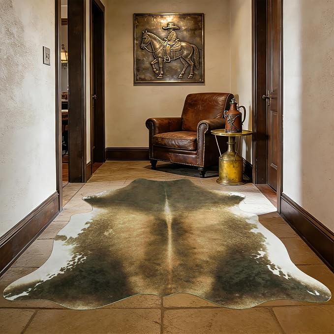 Washable Non Slip Cowhide Rug 4x5 Brindle and White, Faux Animal Skin Area Rugs for Bedroom, Western Rustic Farmhouse Aesthetic Decor Carpet with TPR Backing for Home Office