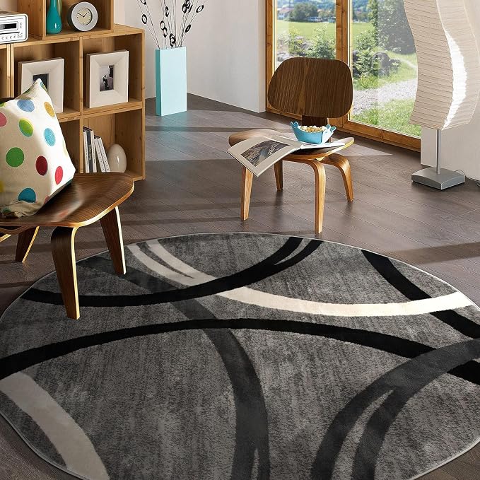Rugshop Wavy Circles Jute Backing Living Room Dining Room Round Rug Gray 8' | Round, Bedroom, Home Office, Kitchen, Entryway, Hallway, Nursery, Kids Room, Guest Room, High Traffic Area, Under Table