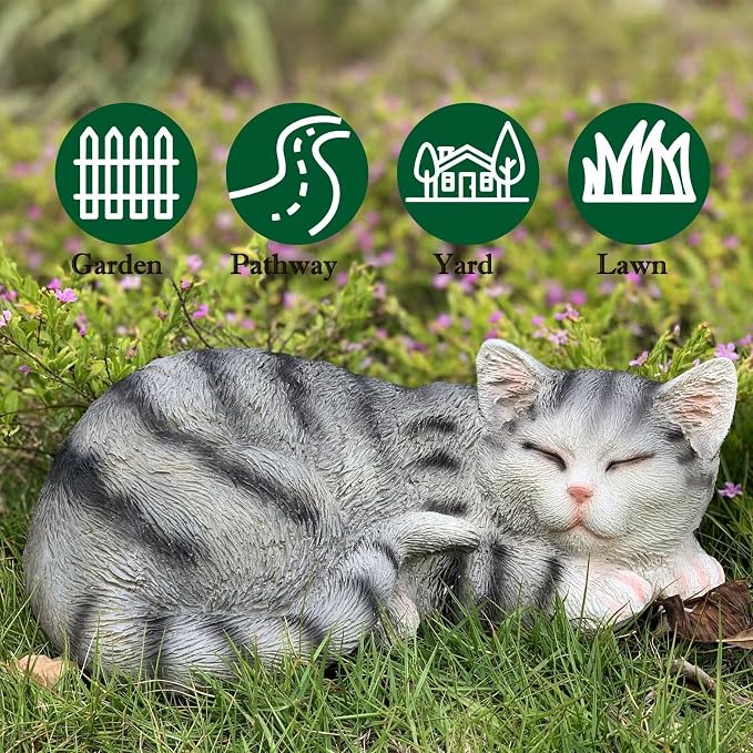 Sleeping Cat Statue Garden Decor, Outdoor Cat Sculpture & Figurine Lawn Ornament, Grey Tabby Statue for Patio, Lawn, Yard Decorative, Cute Kitten Memorial Grave Accessory