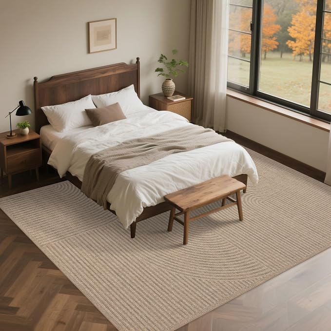 Easy Jute Rug 8x10 Outdoor: Natural Area Rugs for Patio Linen-Look Durable - Neutral Large Washable Carpet for Living Room Bedroom Dining Room Non-Slip - Swirl Curved Pattern