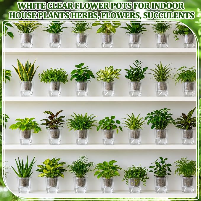 54 Pcs Self Watering Pots 4.3 Inch Plastic Flower Plant Pot with Inner Pot Self Watering Wick Planter White Clear Flower Pots for Indoor House Plants Herbs, Flowers, Succulents (Transparent)