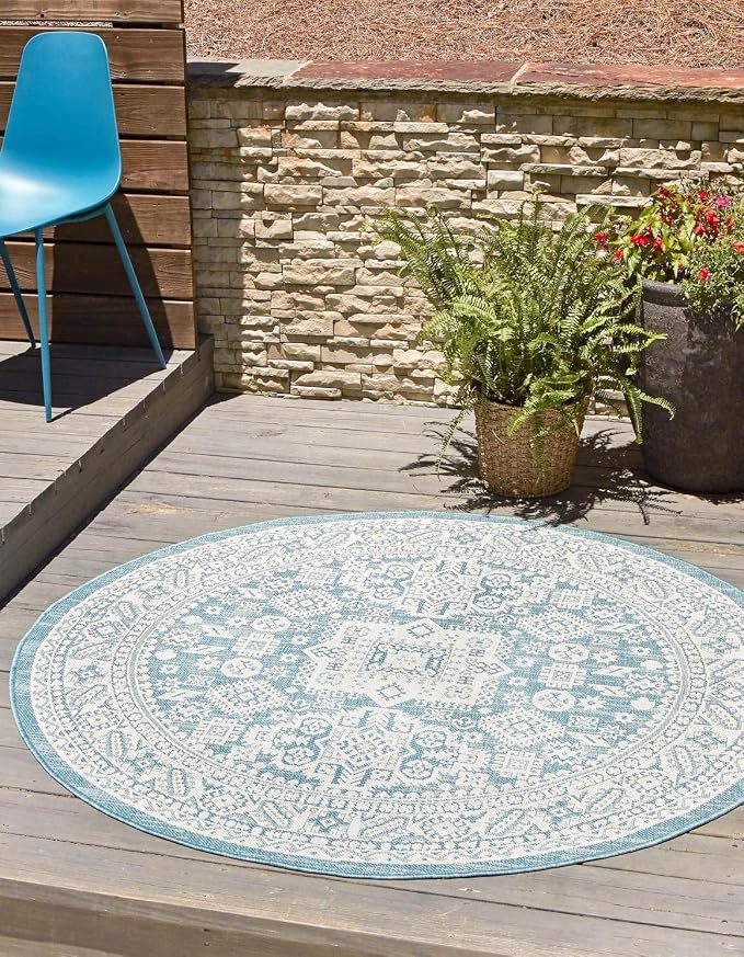 Unique Loom Outdoor Aztec Collection Area Rug - Chalca (10' Round, Aqua/ Ivory)