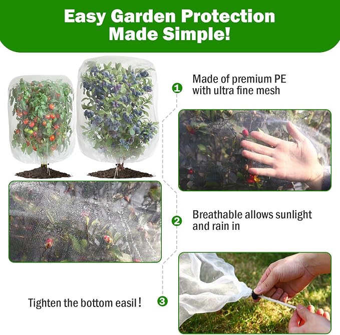 2 PCS Garden Plant Netting Cover for Fruits Tree, Garden Netting Pest Barrier with Drawstring 6 x 6.6 ft Insect Bird Barrier Netting for Garden Protection Tomato Blueberry Bush Netting Cover Bag