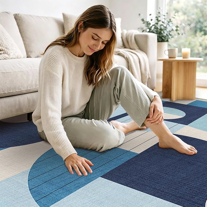 3x5 Blue and White Geometric Area Rug for Bedroom Entryway Hallway Abstract Modern Rug Machine Washable Non-Slip Carpet for Bathroom Kitchen Bedside Living Room