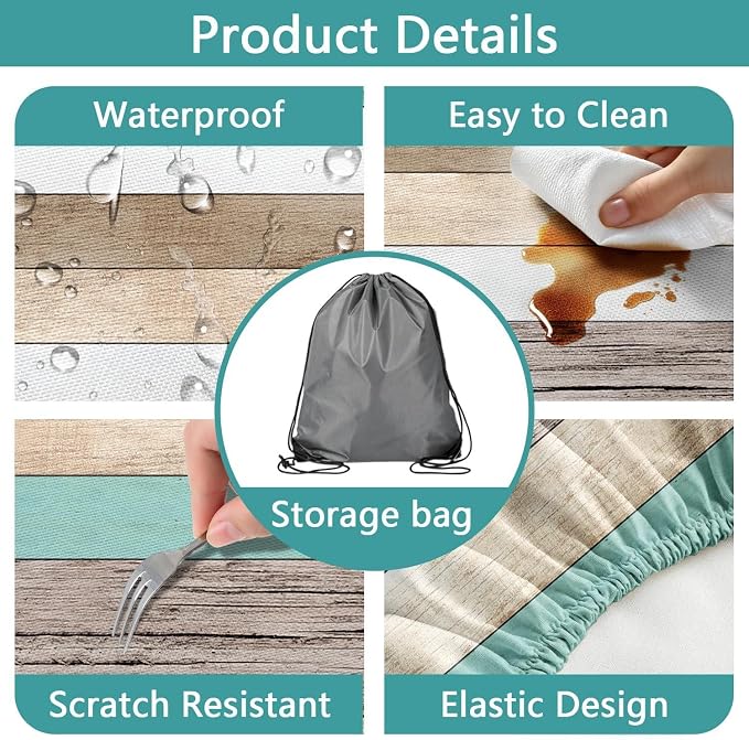 Picnic Table Cover with Bench Covers and Bag, Teal Wooden Camper Waterproof Windproof, Fitted Tablecloth Cover with Elastic Edge, for Indoor & Outdoor, Garden, Camping, 3 Pieces Set, 30x96 Inch