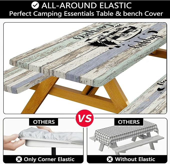 Picnic Table Cover with Bench Covers Elastic Edges, Outdoor Patio Camping Essentials 72 Inch 3PCS, Wooden Camper Fitted Table Cover, Waterproof Rectangle Tablecloth with Drawstring Bag,Grey
