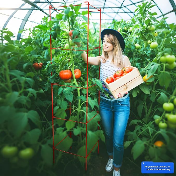 Thealyn Tomato Cages 6 Packs 57 Inches (H) Plant Stand with 164 Feet Twist Ties, Heavy Duty Garden Plants Support for Tomatoes, Cucumber, and Other Climbing Plants (Red)