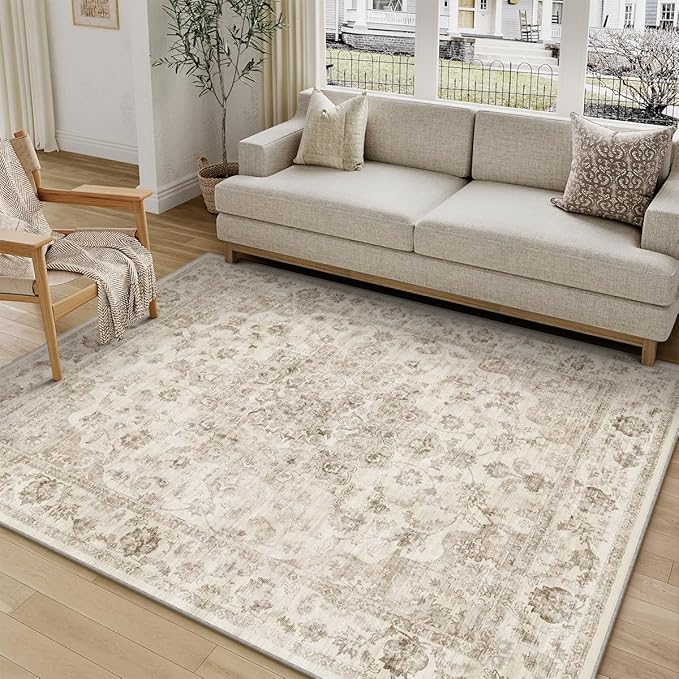 5x7 Beige Neutral Area Rug | Washable, Non Slip, Soft Low Pile, Vintage Farmhouse, for Living Room Bedroom Dining Room Office Indoor Home Decor