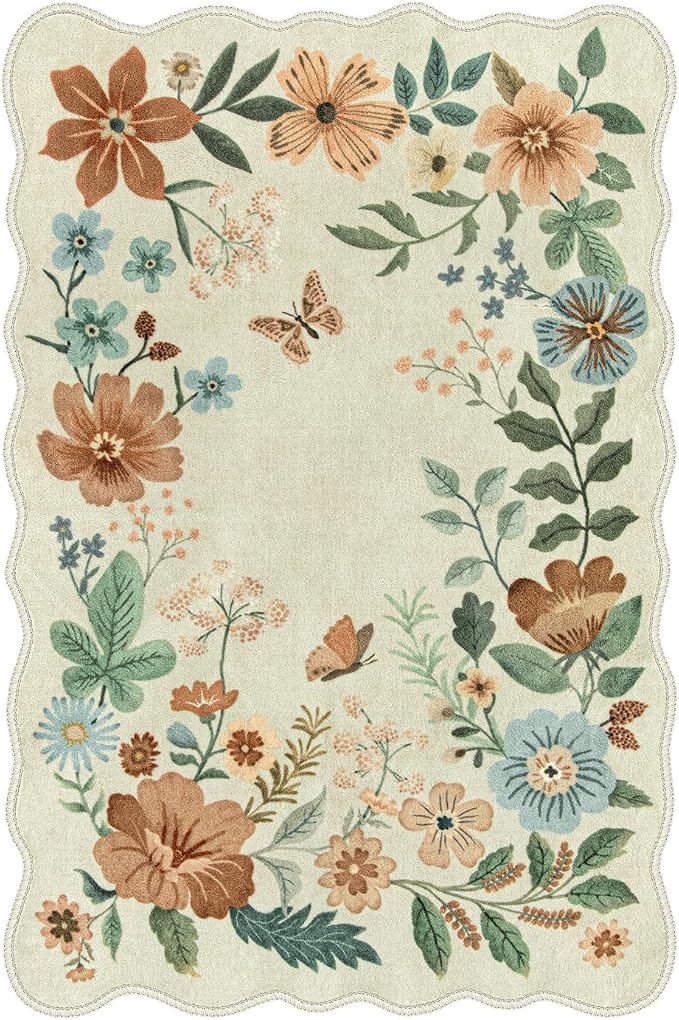 Lahome Floral Small Rug, 2X3 Kitchen Rugs Non Slip Washable Rug Ultra-Thin | Soft Front Door Mat Indoor Entrance Boho Low-Pile Entry Carpet for Bathroom Bedroom Flore (2x3ft, Beige)