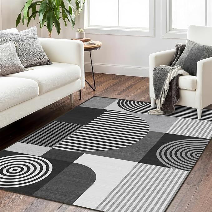 Grey Geometric Area Rug 4x6 for Living Room Black White Mid Century Modern Rug Machine Washable Gray Minimalist Rugs Non Slip Low Pile Indoor Floor Carpet for Bedroom Dining Room Office