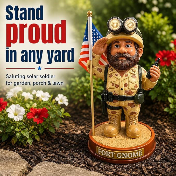 Military Garden Gnome - Patriotic Veteran Gift, 11 Inch | A saluting soldier with solar-lit goggles, for Memorial Day, Veterans Day and the 4th of July. Weatherproof resin.