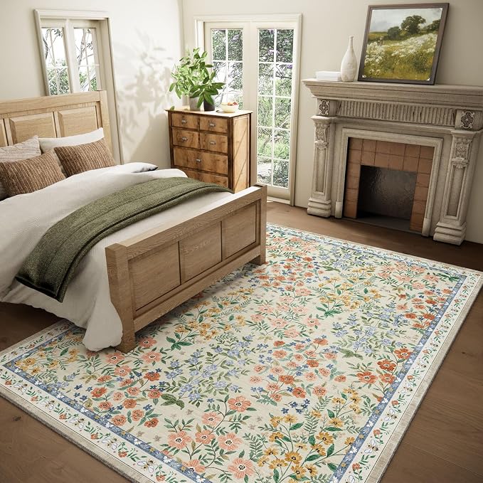 Washable Area Rugs for Living Room: 9x12 Area Rug for Bedroom Vintage Stain Resistant Non Slip Low Pile Lightweight Soft Carpet for Kitchen Dining Room Farmhouse Kids Room Nursery