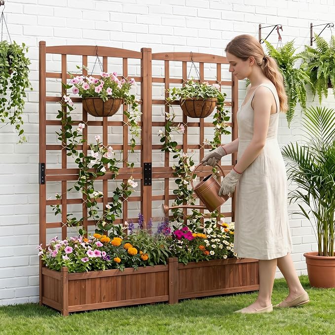 Giantex Wooden Raised Garden Bed with Trellis, Dual Large Planter Boxes for Climbing Plants Vegetables Flowers, Elevated Outdoor Planter w/Drainage Holes & Privacy Screen, Patio Backyard Decoration