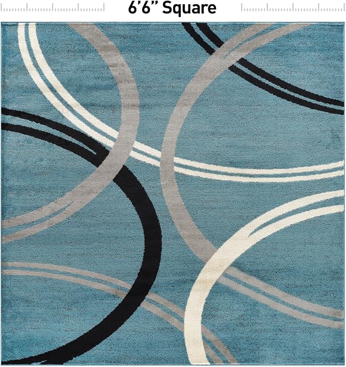 Rugshop Wavy Circles Modern Non-Shedding Square Rug Blue 6'6" x 6'6" | Square, Size 6'6" x 6'6", Living Room, Bedroom, Dining Room, Home Office, Kitchen, Entryway, Hallway, Nursery, Kids Room
