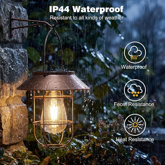 Livinlarge Solar Lanterns Outdoor Waterproof,Hanging Solar Lights for Outside with Wall Hooks Windproof Hook,Retro Metal Outdoor Lanterns Auto On/Off for Porch,Patio,Garden,Yard Decor 2 Pack（Bronze）