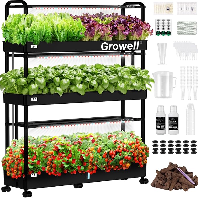 Growell 90 Pods Large Hydroponics Growing System Kit, Indoor Herb Garden | Vertical Hydro Garden with 2 Light Modes & 2 Timer, Smart Water Circulation, 40L Water Tank, Movable with 4 Swivel Casters