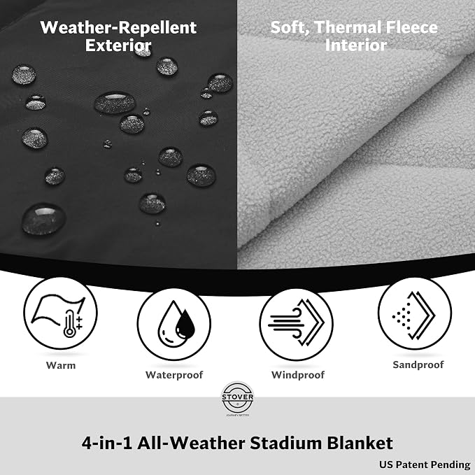 STOVER Large Waterproof Outdoor Stadium Blanket- Extra Thick Soft Fleece Camping Blanket for Travel, Picnics, Sports, Dogs- 79"x55", Warm, Windproof, Sand-Proof, Lightweight, Packable (Stadium Black)