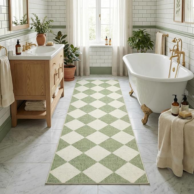 GarveeHome Checkered Rug Runners Hallway 2x6 Sage Green Kitchen Runner | Non Slip Soft Diamond Print Entryway Rug Thin Laundry Mat Stain Resistant Carpet for Bedroom Bathroom Beside