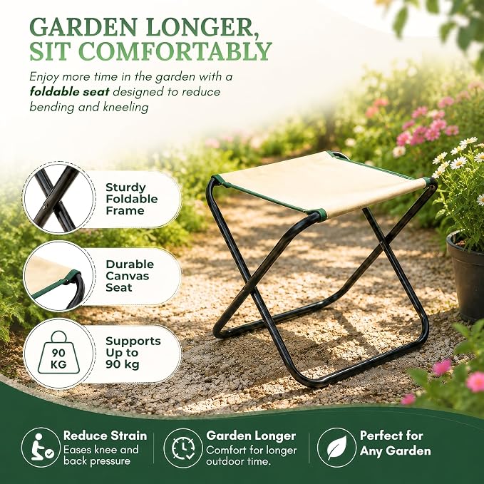 GardenHOME 7-Piece Gardening Tool Set with Folding Stool and Storage Tote Bag, Stainless Steel Garden Tools with Wooden Handles, Garden Kit for Planting, Weeding, Pruning, Yard Work, Gardening Gifts