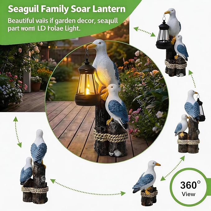 Seagull Solar Garden Outdoor Decor Statues with LED Lantern, Hand Painted Resin Animal Figurine Lights for Beach Pool Coastal Patio Lawn Yard Pathway, Unique Nautical Gifts For Women Mom Grandma