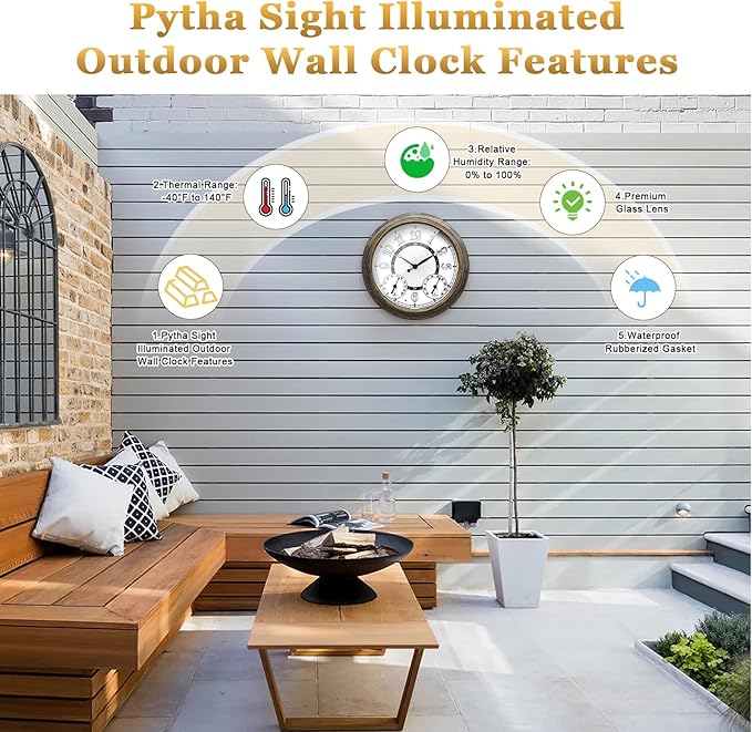 Pytha Sight Illuminated Large Metal Outdoor Clocks Waterproof 15 Inches with AI Auto Light Smart Sensor,Large Indoor Outdoor Wall Clocks with Thermometer & Hygrometer for Patio, Pool, Garden,Porch