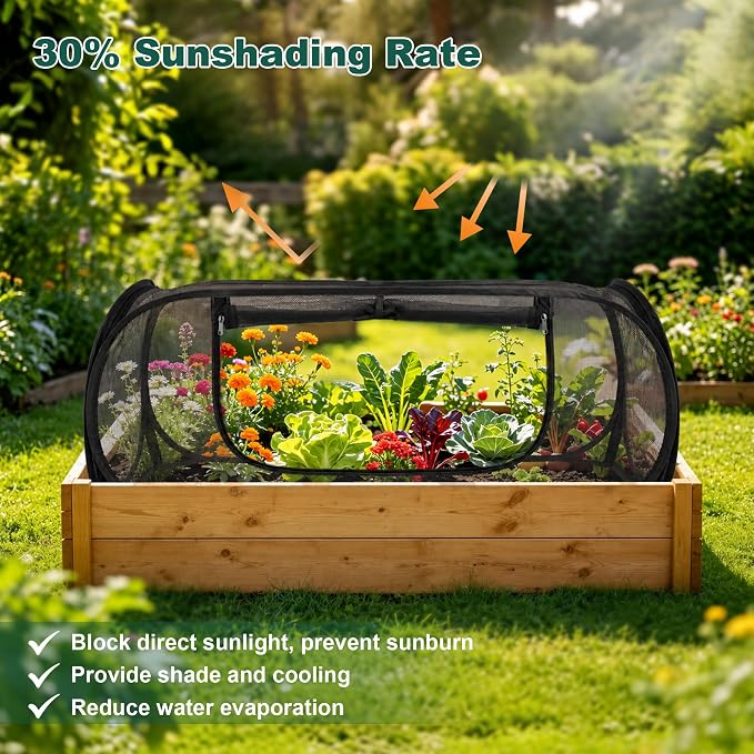 2Pack Raised Garden Bed Covers, Pop-Up Mesh Plant Shade Cover, 30% Sunblock Plant Shade Tent, Foldable Garden Netting Crop Cage for Vegetables Against Birds, Insects, 16 Stakes, Black-45"X22"X17.7"