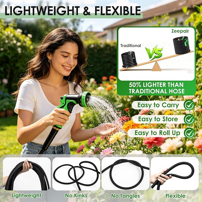 50FT Garden Hose Non-Expanding Flexible Water Hose With Sprayer Nozzle Lightweight Portable High Pressure Kink Resistant & Leakproof Durable Black Pipe For Garden Yard Lawn