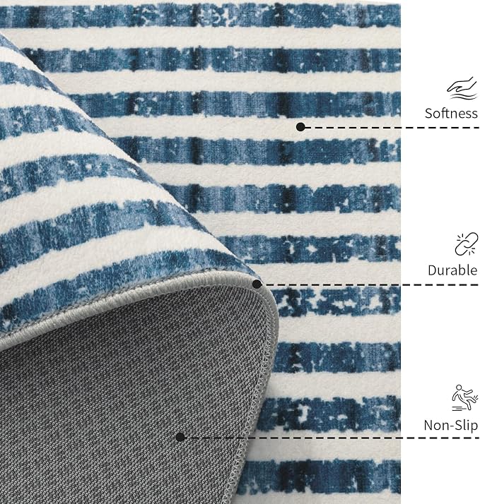 Washable 5x7 Modern Striped Area Rug, Abstract Living Room Rug | Beige Blue, Soft Low Pile, Skin Friendly, Non-Slip for High Traffic, Bedroom Vintage Coastal Nautical Style Home Decor