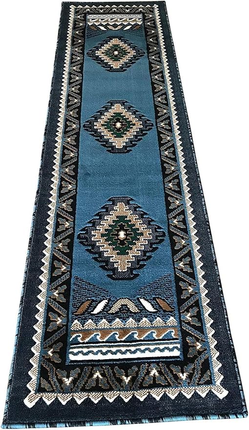 YHSF South West Native American Area Tribal Rug - Blue Green, 2' x 7' | Easy-Clean, Soft & Durable Tribal Rug for Living Room, Bedroom, Kitchen & More - Stain-Proof Runner for Home Decor