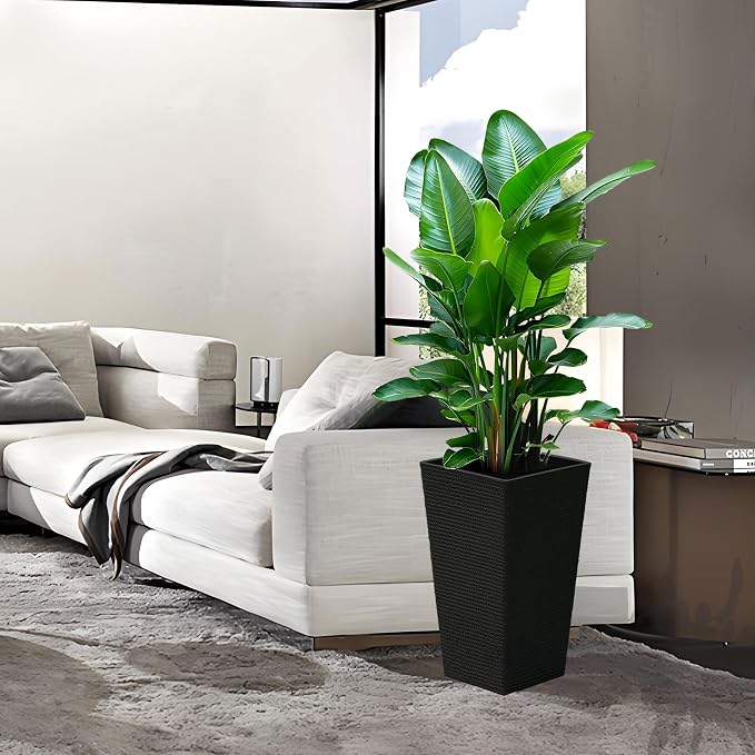 2 Sets Large Tall Black Planters Planter 21''H x 12''W | Faux Stone, Tapered Resin Plastic,For Outdoor Indoor Plants,For Porch Patio Garden Front Door,Heavy Duty,With Drainage Tray