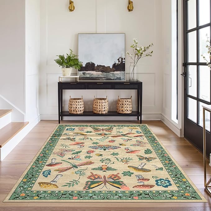 Mushroom Insect Washable Rug 5x7 Area Rugs for Bedroom Non Slip with Rubber Back Low Pile Stain Resistant Butterfly Carpet for Living Room Nursery Kitchen Dining Room Khaki Green