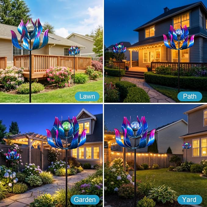 Solar Wind Spinner with Crackle Glass Ball, 7-Color Changing LED Light, Metal Kinetic Sculpture for Garden, Patio, Lawn Decor - Unique Outdoor Art for Yard