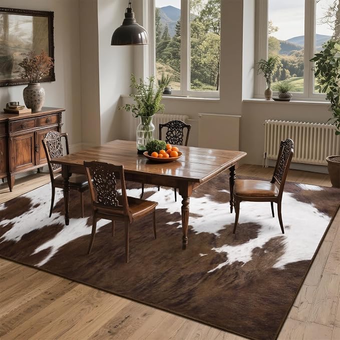 DweIke Cow Print Rug 5x7 – Brown Faux Cowhide Rugs, Washable Soft Non-Slip Stain Resistant Animal Cow Hide Carpet for Living Room Bedroom Dining Room Office, Western Home Decor