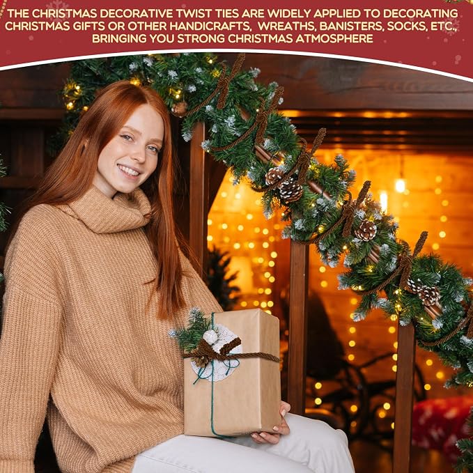 Zhengmy 16 Pcs 20 Inches Christmas Garland Ties Christmas Decorative Twist Ties for Banister Reusable and Flexible Twist for Xmas Home Decorations Holiday Craft Wrapping (Brown)