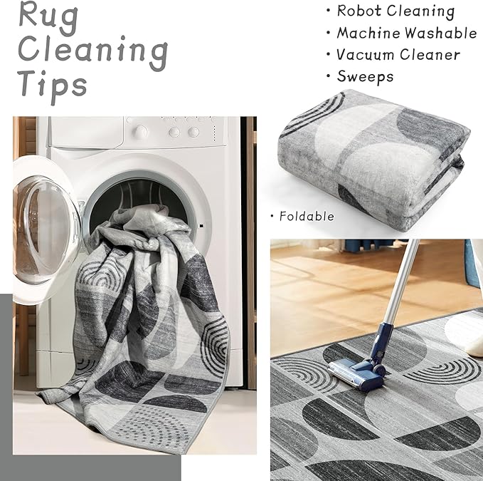 Washable Rugs 9x12,Large Area Rugs Non Slip Modern Abstract Boho | Large Throw Carpet for Living Room Bedroom Dining Room Soft Low Pile Floor Indoor Bohemian Black and Grey