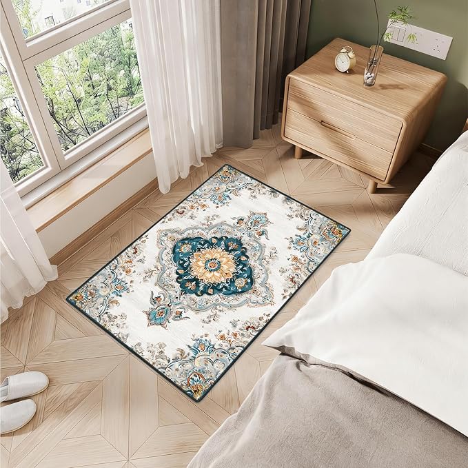 White Gold Floral 2x3 Entry Rug,Washable Small Rugs for Entryway Kitchen Bathroom Door Mat Indoor Entrance,Non Slip Rubber Backing, Stain & Fade Resistant,Elegant Traditional Persian Decor