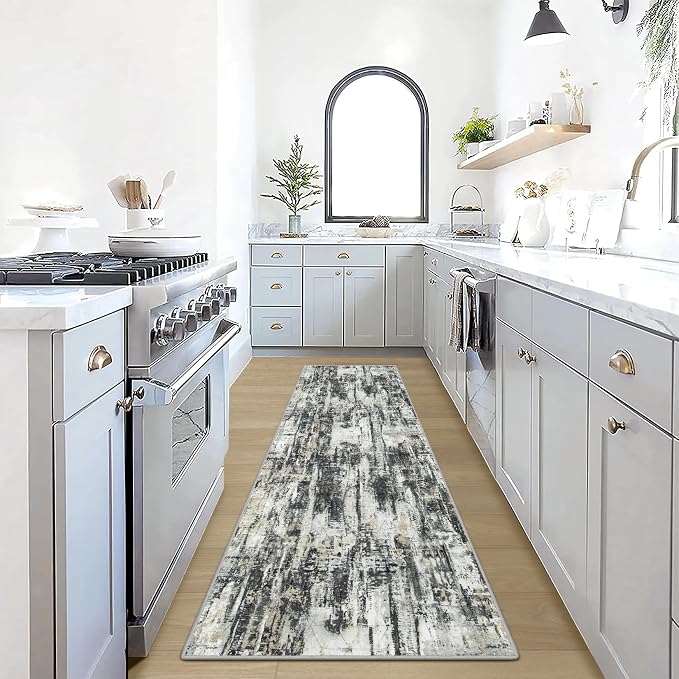 2'6''x8' Runner Rugs Washable Rug: Modern AbstractBlack Grey Gold Carpet | Non-slip TPE backing makes this washable soft low-pile rug safe & durable, Pet-friendly decor for dining room,nursery,office