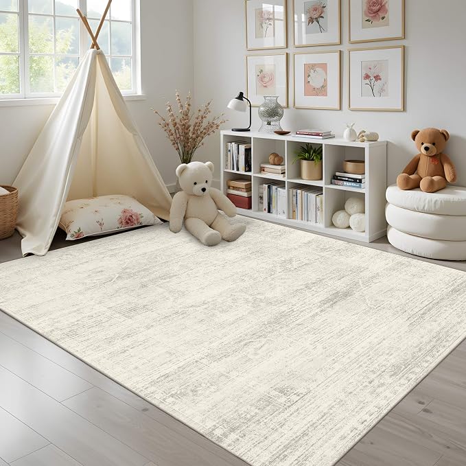 Latte&Fog 6x9 Area Rugs for Living Room Washable Large Neutral Ivory Rugs | for Bedroom Dining Kitchen Kids Playroom Nursery Classroom Dorm Farmhouse Office, Non Slip Low Pile Soft Floral Carpet Indoor