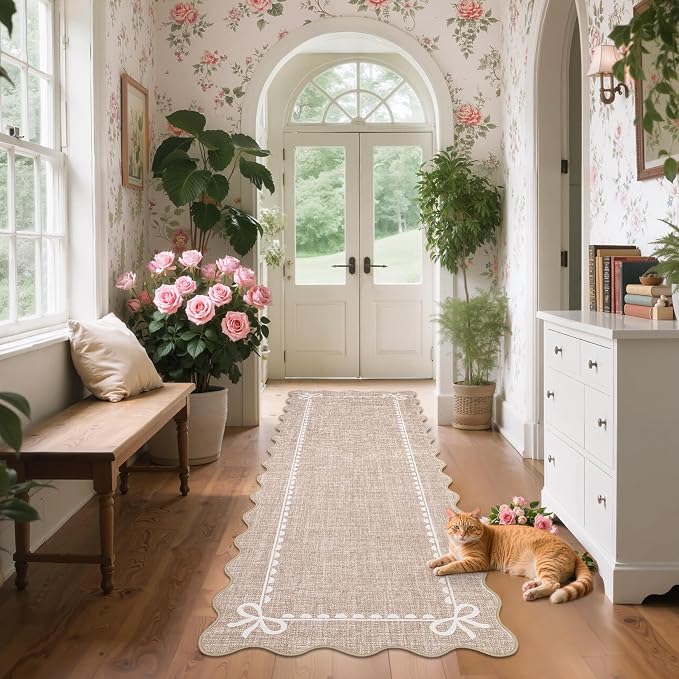 GarveeHome Scalloped Hallway Runner Rug 2.5x8 Non Slip Bedroom Rugs, Camel | Washable Bow Rug for Girls Dorm Nursery Living Room Entyrway Kitchen, Soft Low Pile Ultra-Thin Stain Resistant Indoor Carpet