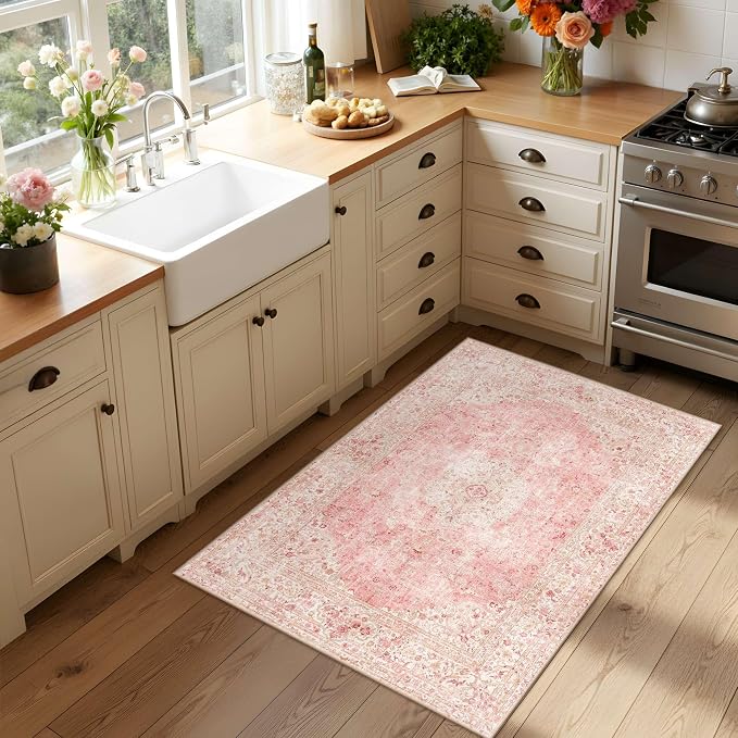 Latte&Fog Washable Entryway Rug 2x3, Vintage Pink Area Rugs for Kitchen | Low Pile Non Slip Soft Throw Rug Doormat for Entrance Bathroom Laundry Bedroom Nursery Playroom Hallyway Dorm Decor Office