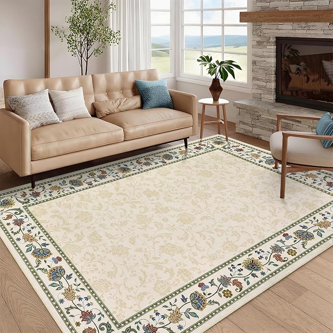 Garvee 8x10 Vintage Floral Washable Rugs for Living Room Bedroom Rug | Beige Boho Border Area Rug Stain Resistant Easy Cleaning Throw Rugs Low Pile Floor Cover for Nursery Dining Room Apartment