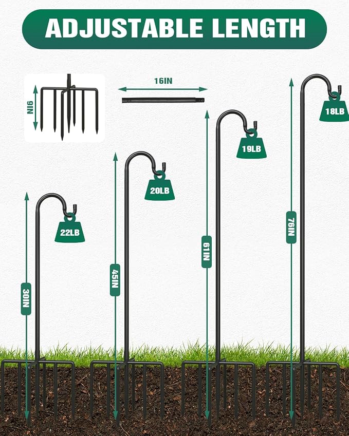 Breeze Touch 2Pack 76 Inch Adjustable Shepherd Hooks for Outdoor Outside, Heavy Duty with 7 Prongs Base, for Hanging Lantern, Hummingbird Feeder, Lightweight Plant, Wind Chime, Bird Feeder Hanger