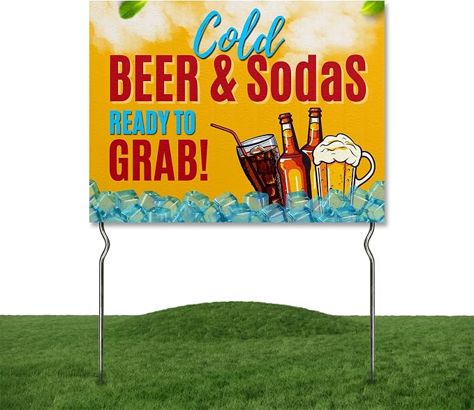 Cold Beer & Sodas - Ready to Grab! Yard Sign by DC | 24"x18" Double Sided Conv. Store Garden Sign with 13” Metal Stakes | Outdoor Signs Waterproof for Lawn, Patio, Sidewalk & House | Set of 4