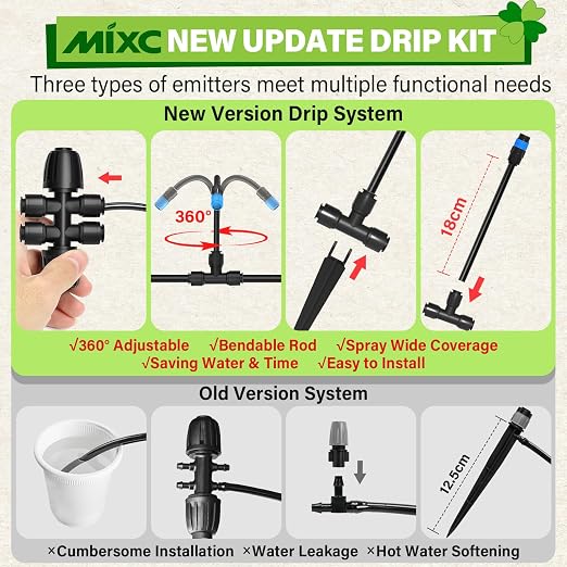 MIXC 2026-Upgrade 360° Adjustable Drip Irrigation System Kit, 200FT Bendable Watering Misting System with 3 Spray Nozzle Types, 1/2"(50FT) & 1/4"(150FT) Tubing for Garden Raised Bed Lawn & Greenhouse