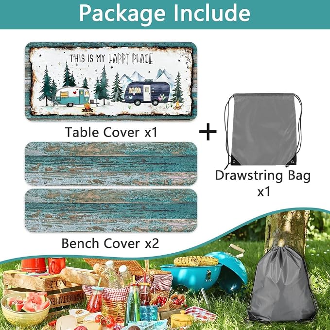 Picnic Table Covers with Bench Covers Camping Tablecloth Fitted Picnic Table Cover with Elastic Windproof Waterproof, Camping Accessories Outdoor, 60In 3PCS