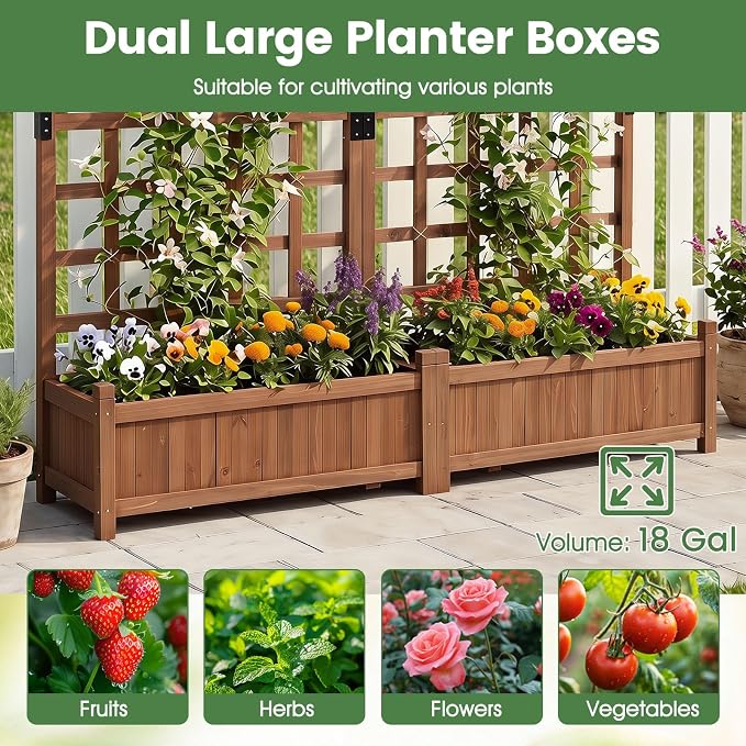 Giantex Wooden Raised Garden Bed with Trellis, Dual Large Planter Boxes for Climbing Plants Vegetables Flowers, Elevated Outdoor Planter w/Drainage Holes & Privacy Screen, Patio Backyard Decoration